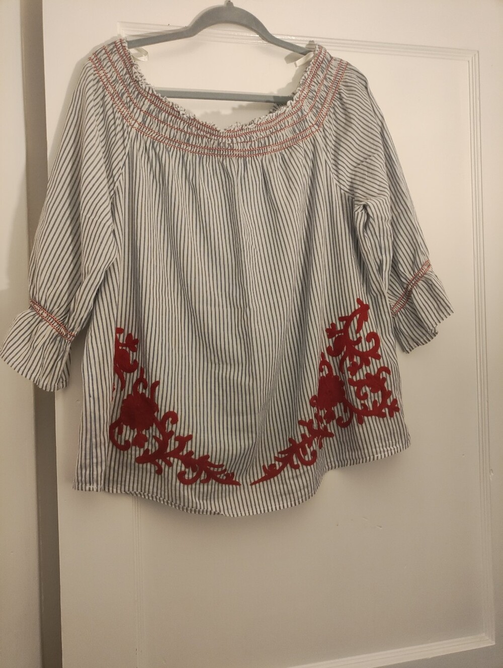 Westport XL Blue White Stripe Red Embroidered Off Shoulder Peasant Blouse
